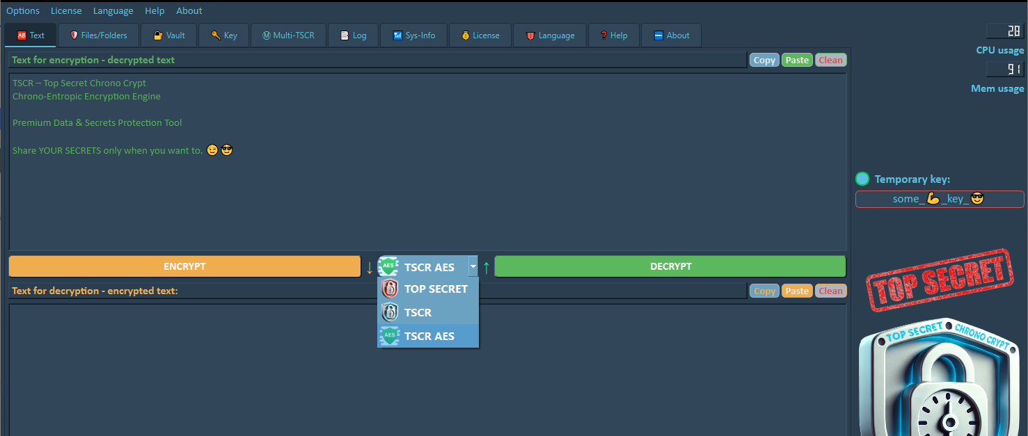 TSCR text encryption profile selection menu with TSCR, TOP SECRET and TSCR AES encryption modes