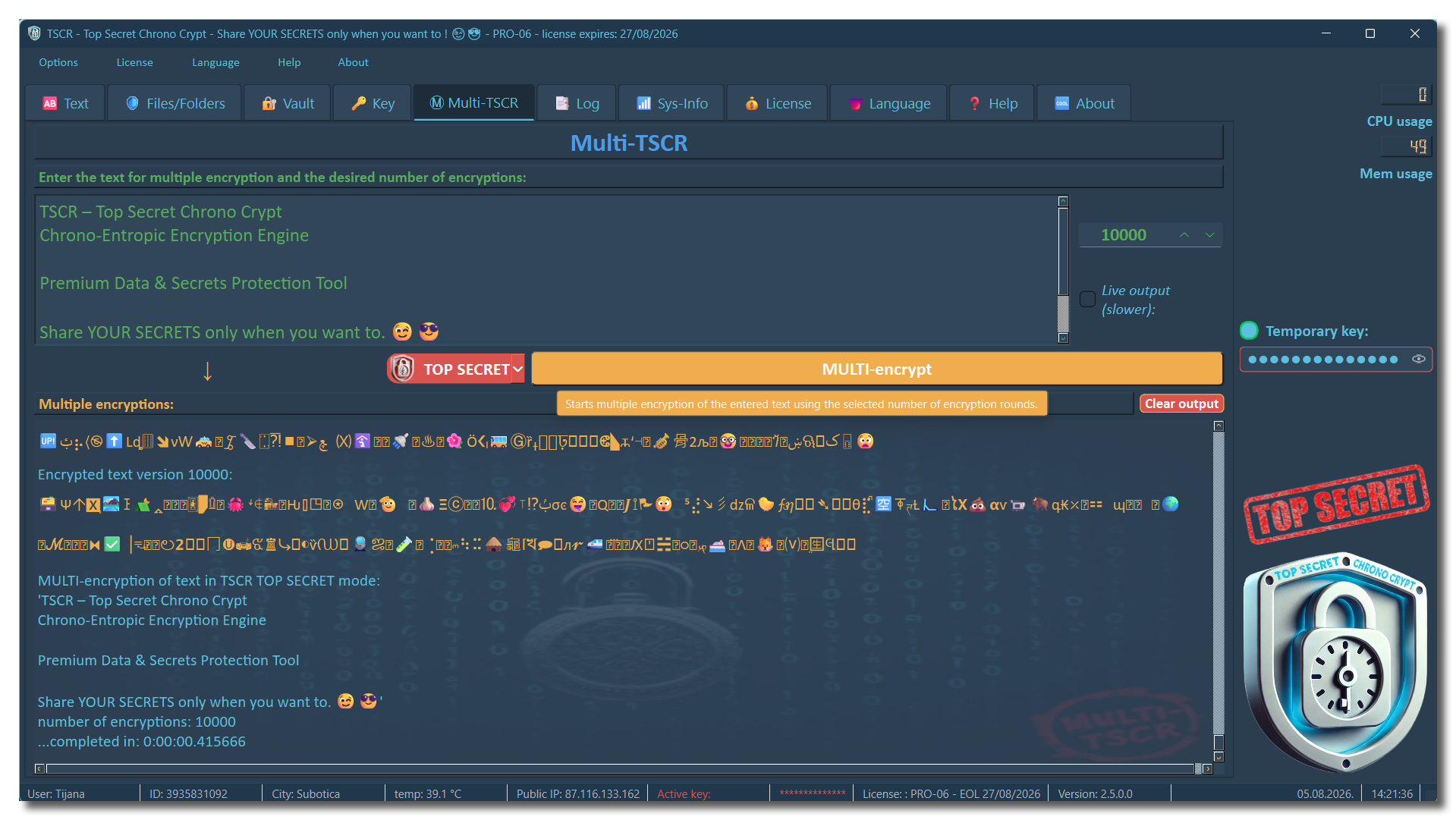 TSCR Multi-TSCR tool performing 100 TOP SECRET chrono-entropic encryption rounds with expanded ciphertext, configurable iterations and processing-time results.