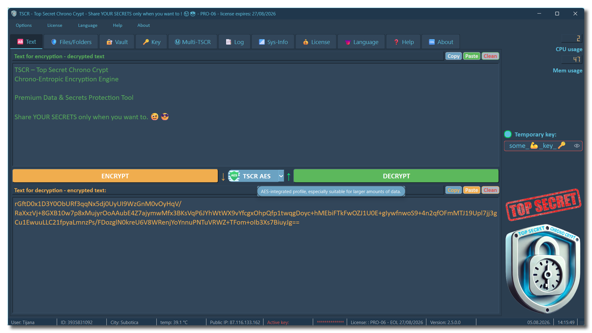 TSCR AES mode - a TSCR-customized AES-integrated profile for efficient work with larger data volumes and larger files.