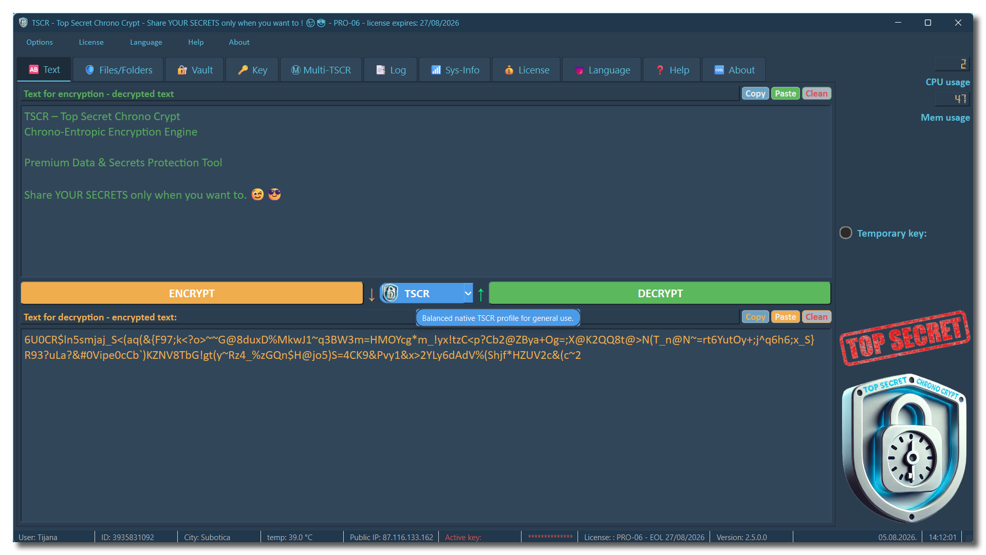 TSCR native text encryption mode showing readable input, encrypted output, temporary key support and balanced local encryption for secure private text sharing.