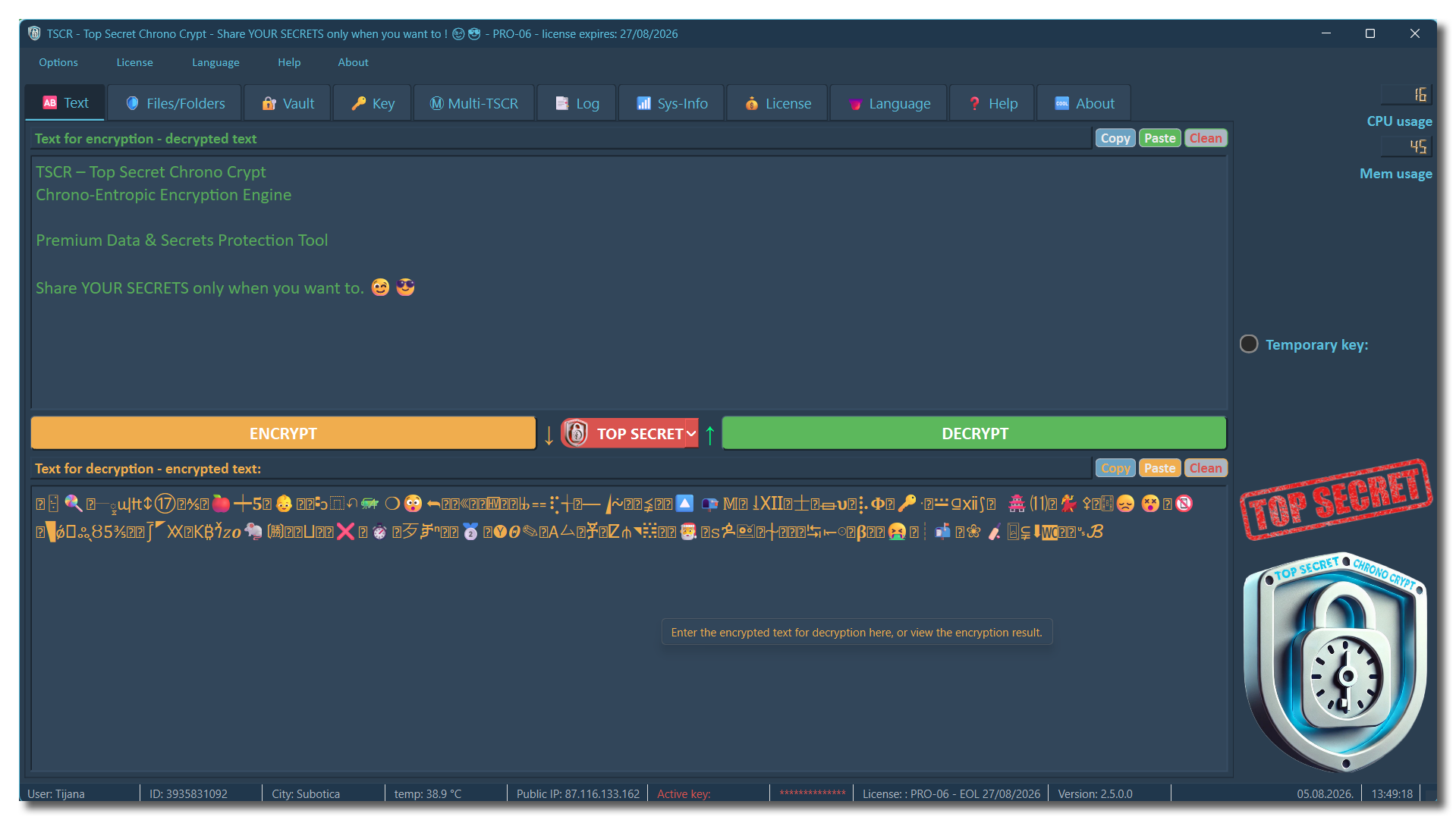 TSCR text encryption software showing the TOP SECRET profile, encrypted Unicode text, and desktop data protection workflow