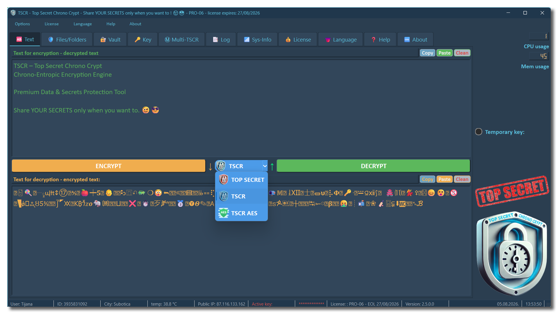 A multi-platform application with multiple encryption profiles: • TSCR mode – a balanced native chrono-entropic profile. • TOP SECRET mode – a PARANOID-LEVEL security profile that uses a multiple, x256!! expanded encryption set. It is intended for scenarios where protection takes priority over speed and output size. It is expected to be the slowest profile, but it can have very favourable overhead for short texts. • TSCR AES mode – a TSCR-customized AES-integrated profile for efficient work with larger amounts of data and larger files. Before the AES layer, data is additionally prepared, processed, pre-encrypted, and hashed through the TSCR workflow, so it cannot practically be decrypted using only a conventional AES procedure without the TSCR AES decryptor.